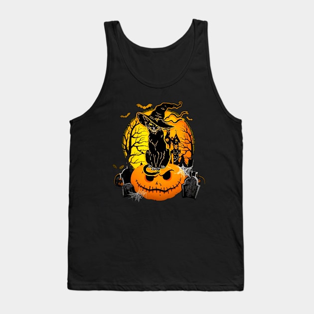 Vintage Black Cat Witch Scary Halloween Costume Tank Top by masterpiecesai